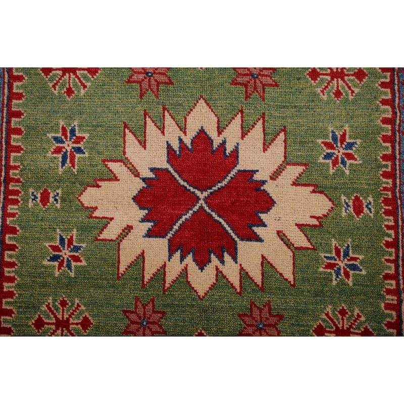 Green Oriental Geometric Kazak Foyer Rug Hand-Knotted Wool Carpet - 2'7" x 4'5"