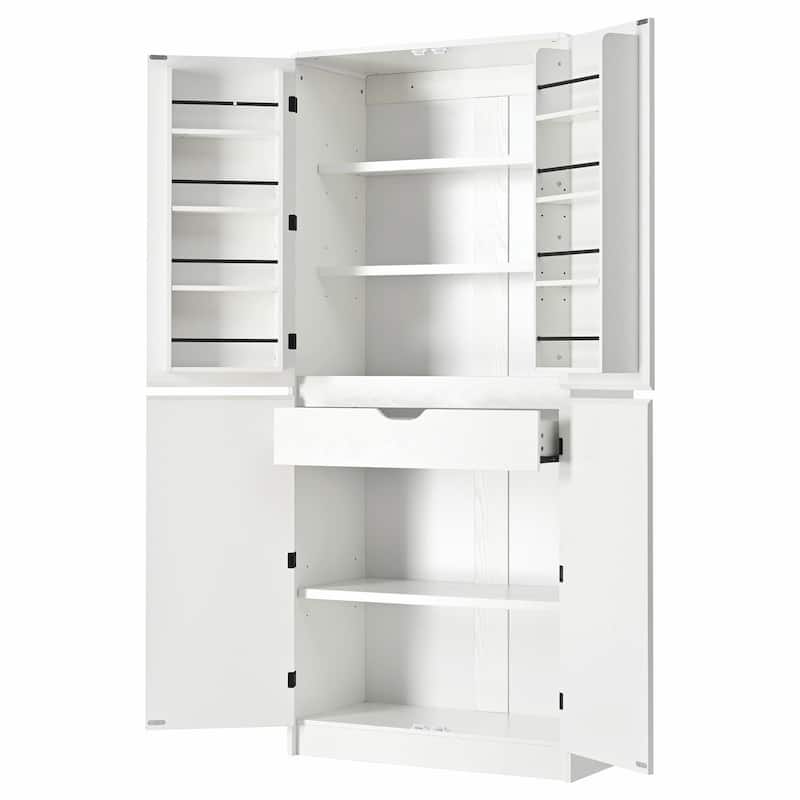 72" Tall Farmhouse Kitchen Pantry Cabinet, 8 Door Shelves, Curved Design Storage Cabinet with 3 Adjustable Shelves - White