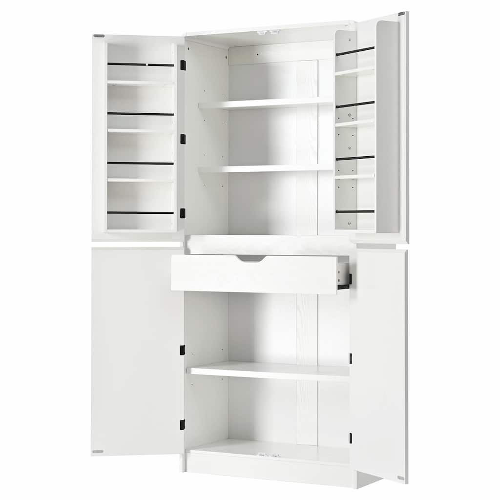 72" Tall Farmhouse Kitchen Pantry Cabinet, 8 Door Shelves, Curved Design Storage Cabinet with 3 Adjustable Shelves