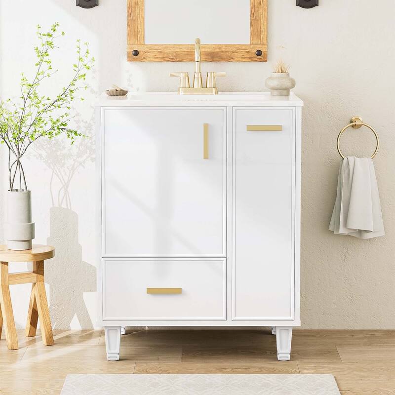 Bathroom Vanity Cabinet with Sink,with Door Shelf,Deep Drawer,2-Tier Pull-Out Basket - White