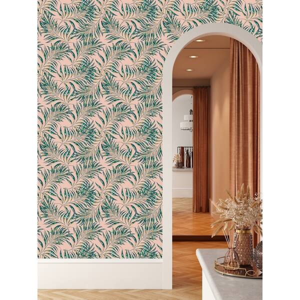Beige Wallpaper with Palm Leaves Peel and Stick and Prepasted - Bed ...