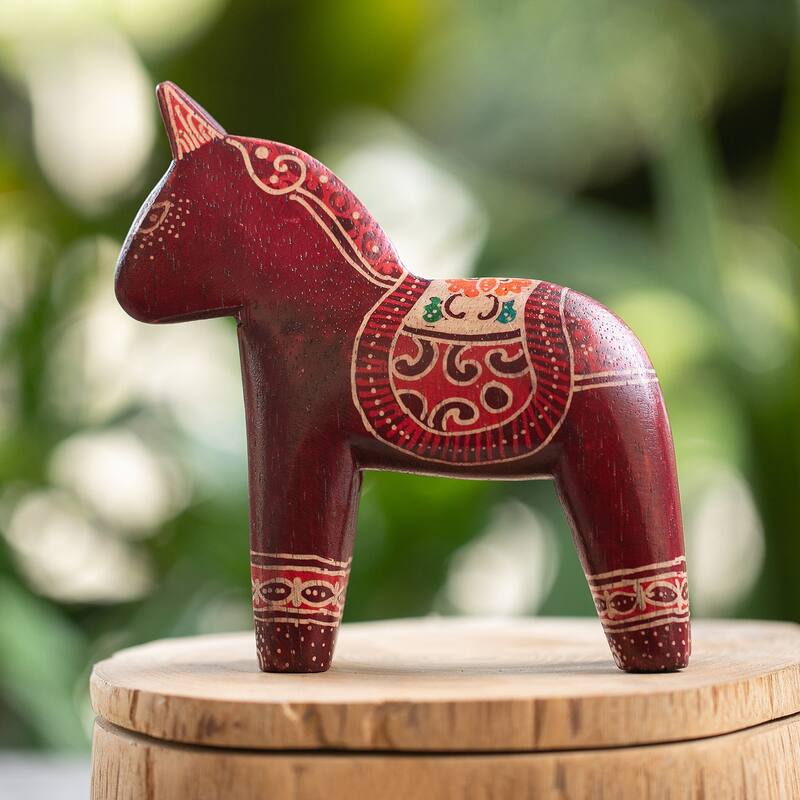 Novica Handmade Crimson Horse Wood Batik Sculpture