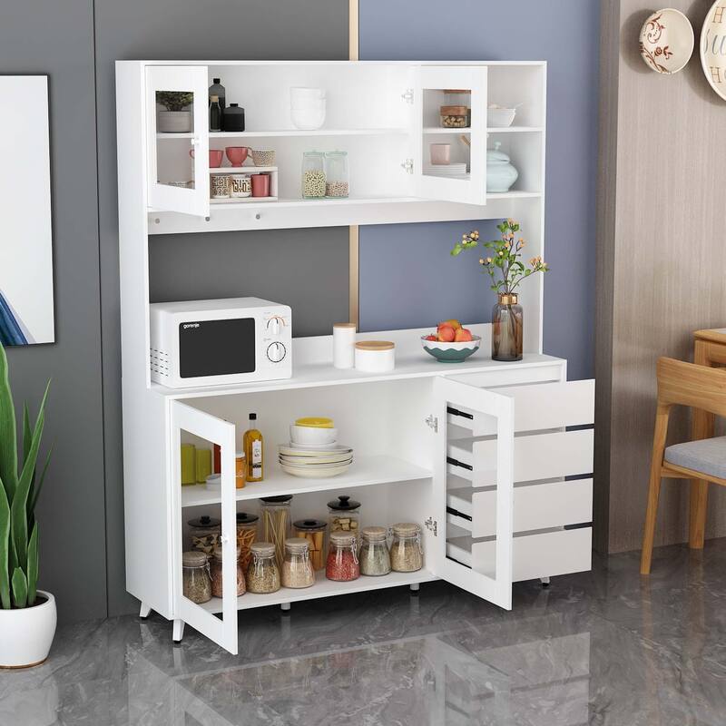 63" Large Kitchen Pantry Storage Cabinet Drawers Shelves Glass Doors - White