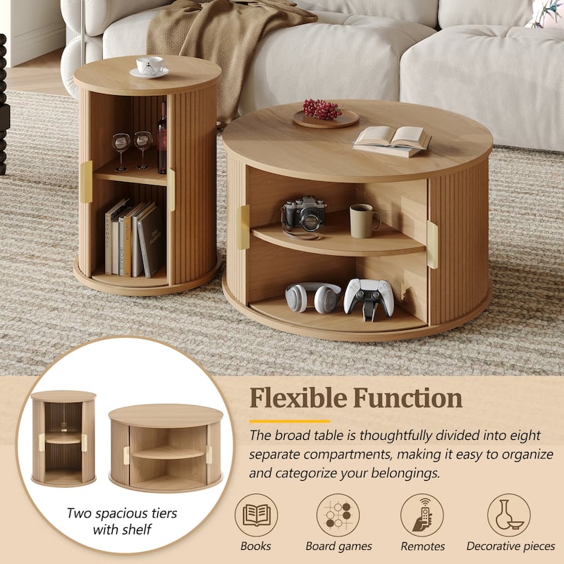 Mid-Century Coffee Table Set of 2 with Sliding Tambour Door, Fluted Design and Golden Handles