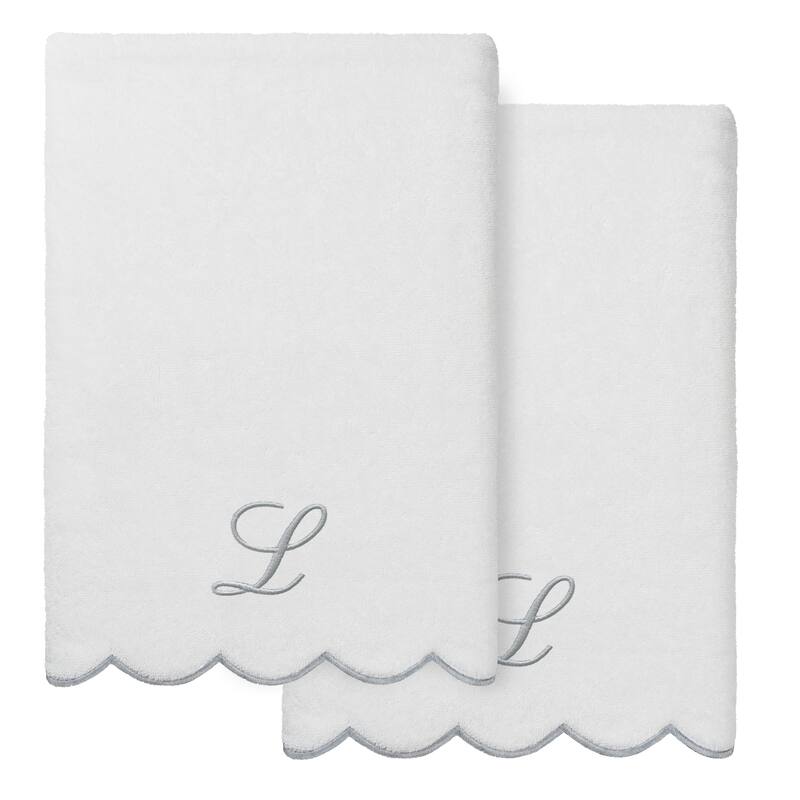 Authentic Hotel and Spa 100% Turkish Cotton Grey ADORNIA Scallop Personalized 2 Piece Bath Towel Set - 2 Bath Towels - L