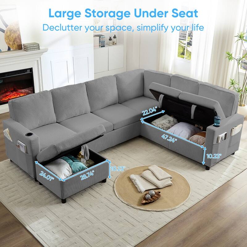 Mixoy 6 Seat U-Shaped Modular Sectional Sofa with Pull Out Bed, Sleeper Sofa Bed with Cup Holders & Storage