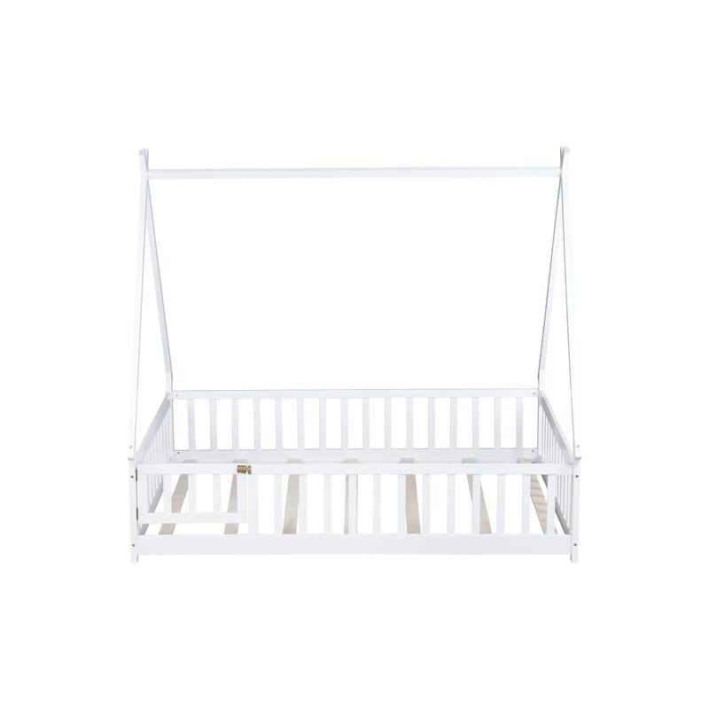 Full Size Rubber Wood Tent-shaped Floor Bed, with Guardrails, Slats and Door