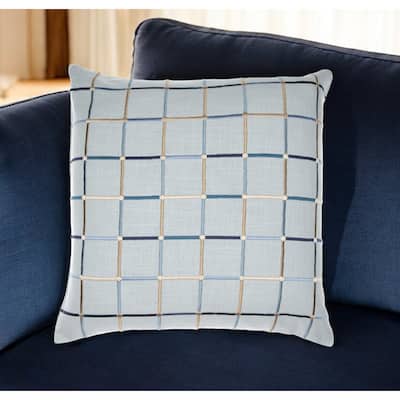 HomeRoots 20" Light Blue Check Cotton Blend Throw Pillow With Embroidery