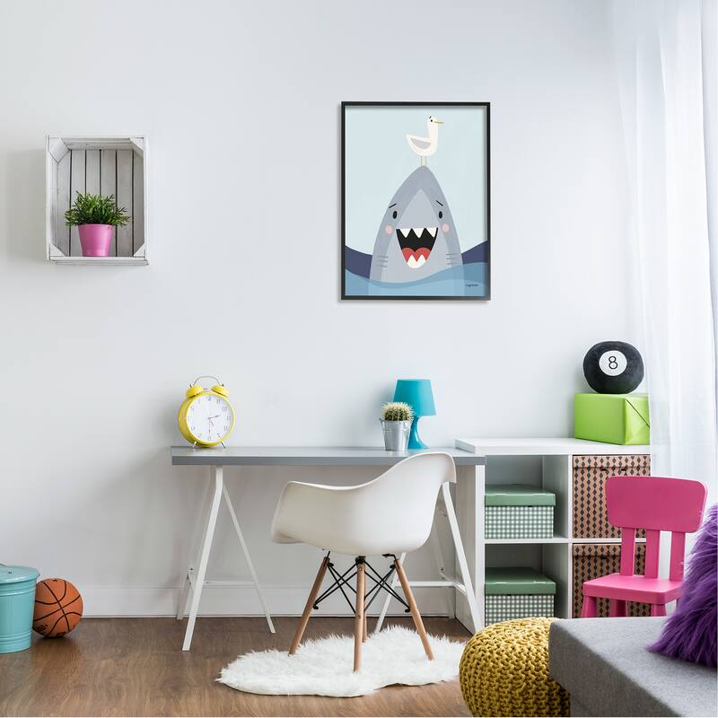 Stupell Quirky Smiling Shark Seagull Nautical Ocean Waves Framed Wall Art - Grey