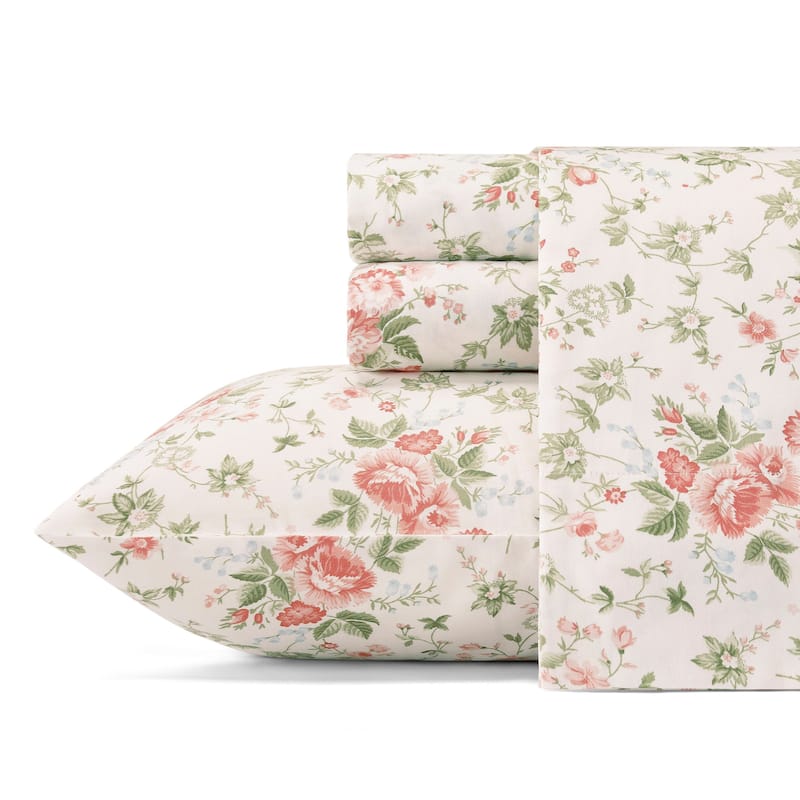 Laura Ashley Soft & Silky Sateen Printed Cotton Sheet Set - Queen - Lilian Coral