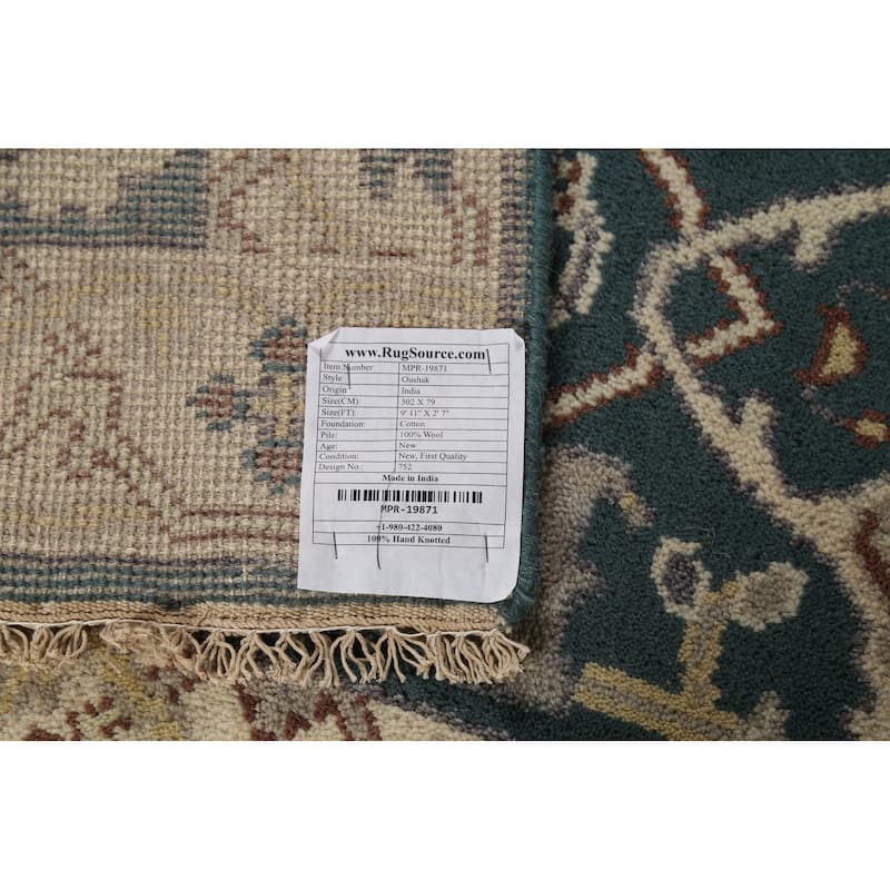 Teal Oushak Indian Runner Rug Hand-Knotted Wool Carpet - 2'7"x 9'11"