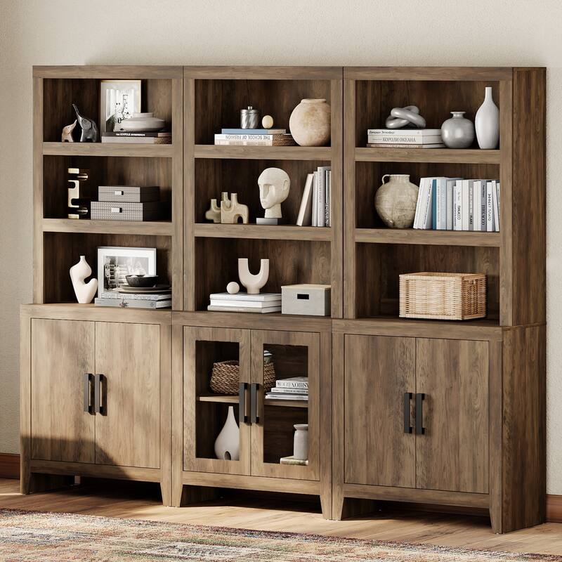 WAMPAT Tall Bookshelf with Doors, Farmhouse Bookcase with Open Shelves for Living Room & Home Office - Brown