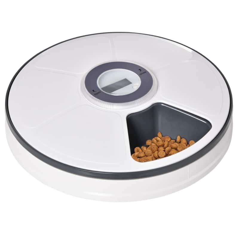 Cat Food Feeder Bowl with 6 Food Dispenser Trays and LED Display - 12" Dia x 2.75" H