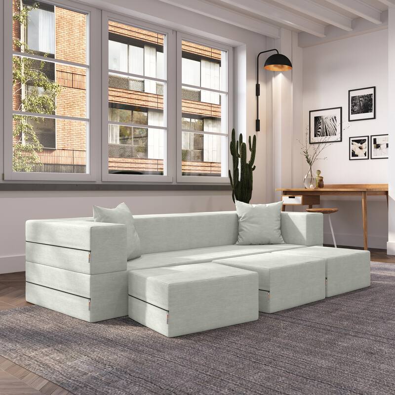 Porch & Den California King Convertible Sleeper Sofa and Ottomans - Ice