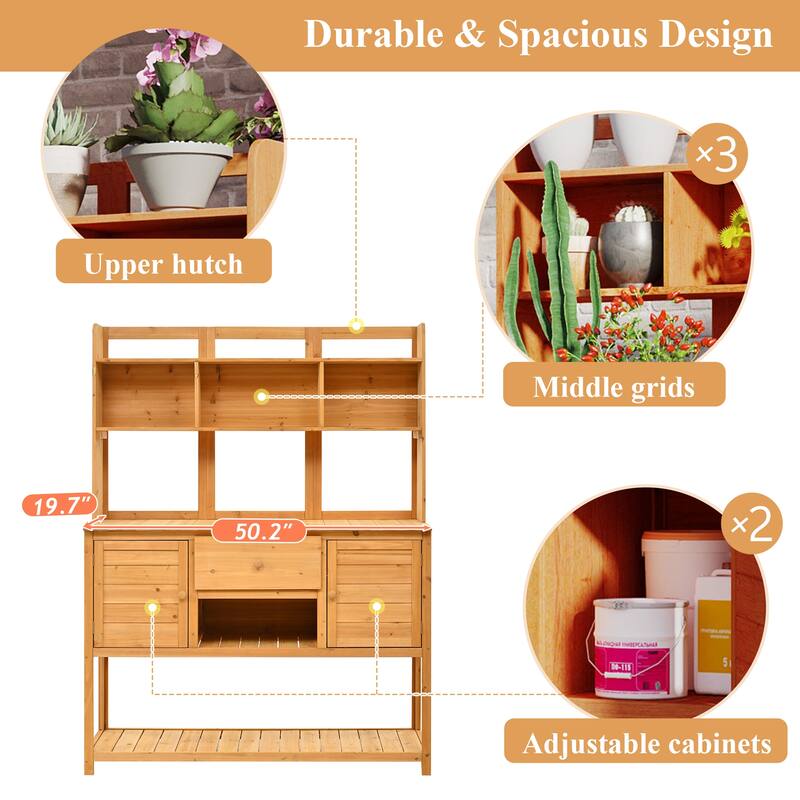 Outdoor Wood Potting Bench with Cabinets and Hutch, Garden Workstation Table with Adjustable Shelves and Hooks