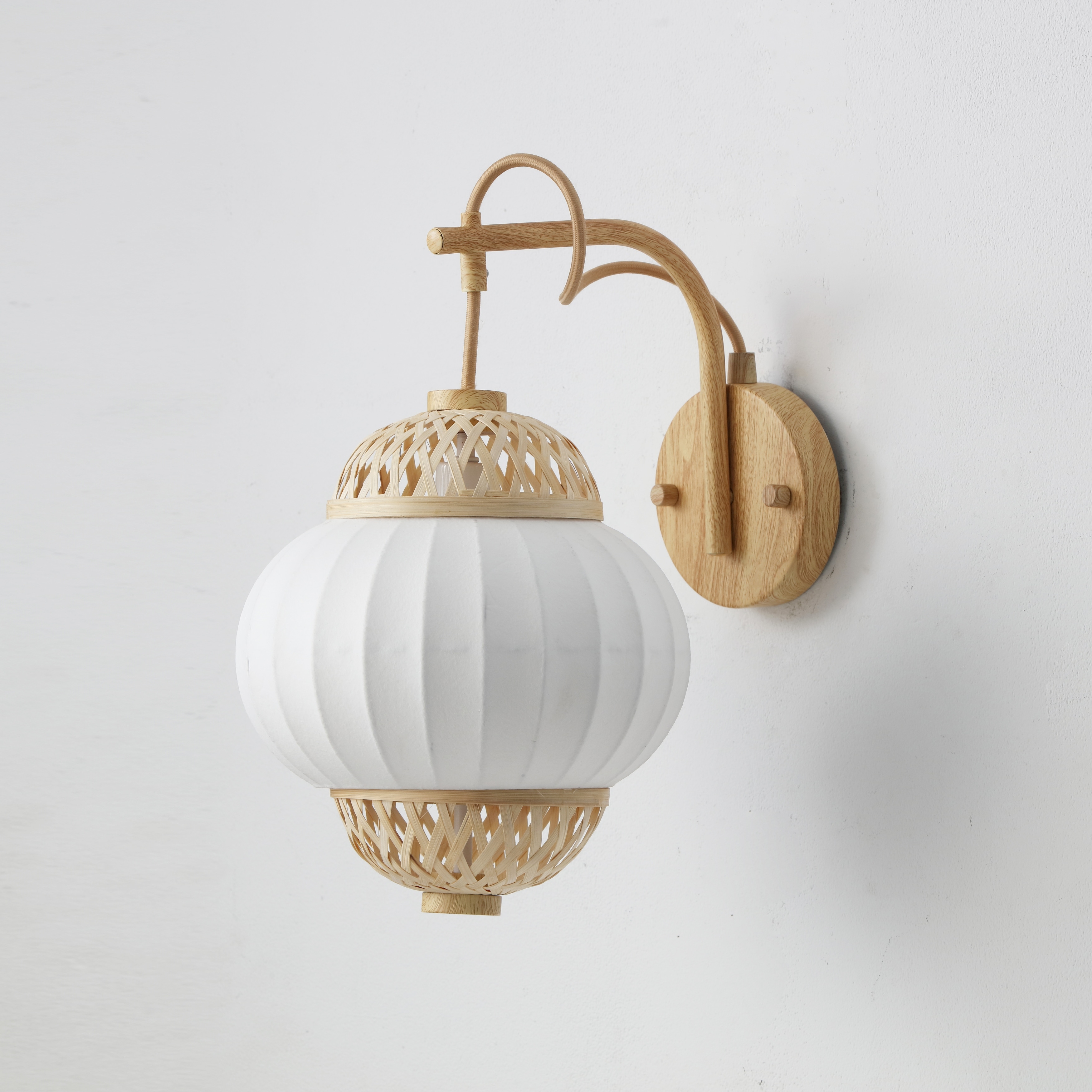 Hikari 1-Light Wood Grain and Natural Wall Sconce with Woven Bamboo Shade