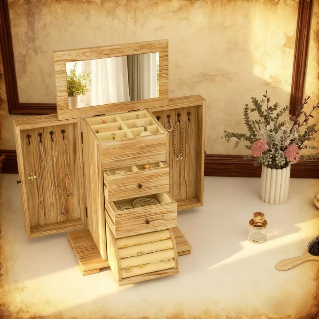 Multi-layered Wooden Jewelry Organizer with Mirror and 2 Drawers