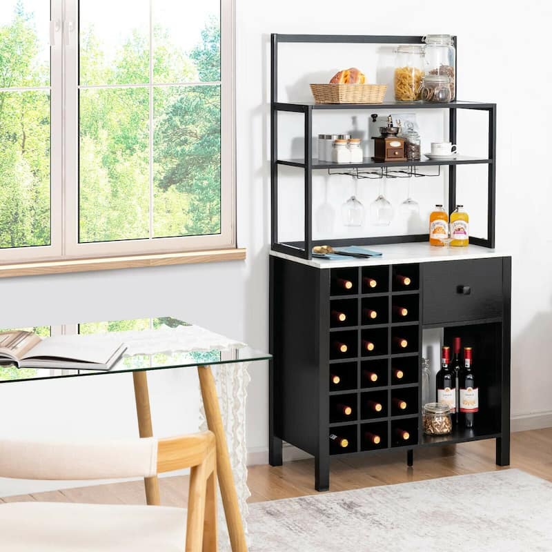 Gymax Kitchen Bakers Rack Freestanding Wine Rack Table w/ Glass Holder