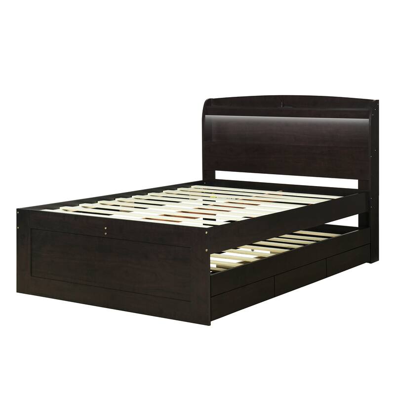 Full XL Size Platform Bed with Storage LED Headboard, Charging Station, Twin Size Trundle, and 2 Drawers