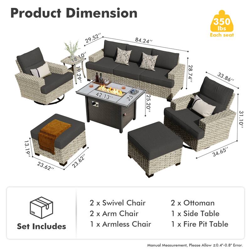 HOOOWOOO 9-piece Wicker Patio Furniture Swivel Rocking Chair Set with Fire Pit