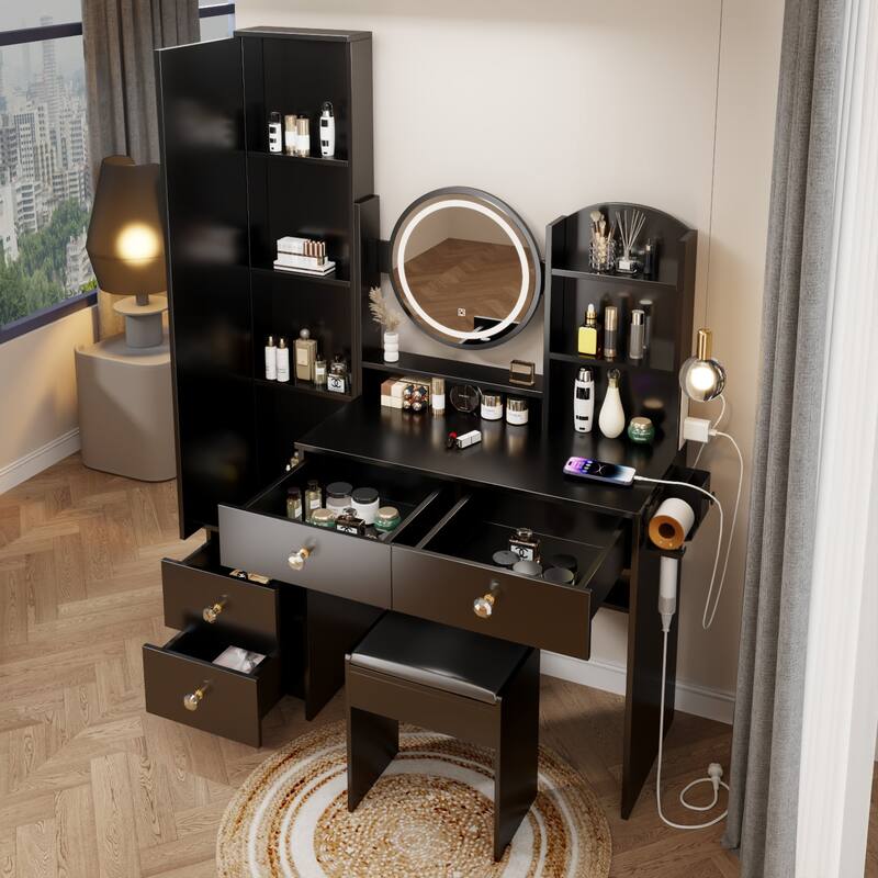 Adjustable LED Makeup Vanity with Mirror, Stool and USB Port