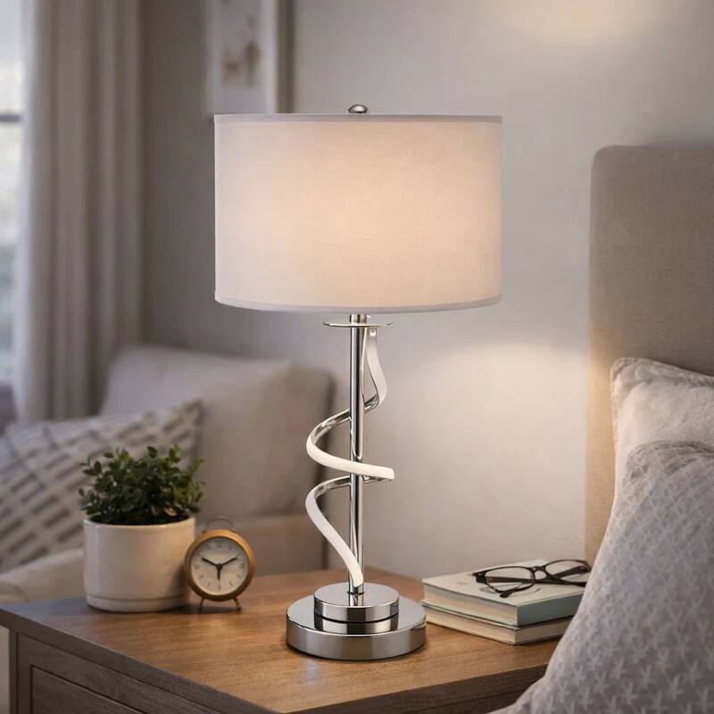 Jame 29 Inch Table Lamp, Drum Fabric Shade, Accent Round Chrome Base