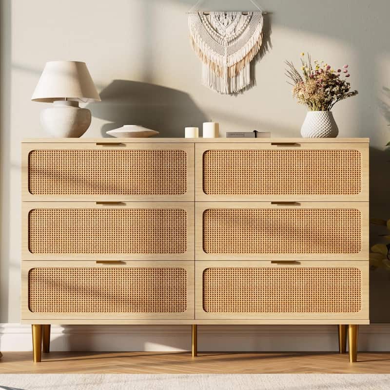 Rattan 6 Drawer Dresser for Bedroom, Large Double Dresser with Deep Drawers, Wooden Chest of Drawers for Closet with Wide Top - Yellow