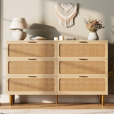 Rattan 6 Drawer Dresser for Bedroom, Large Double Dresser with Deep Drawers, Wooden Chest of Drawers for Closet with Wide Top