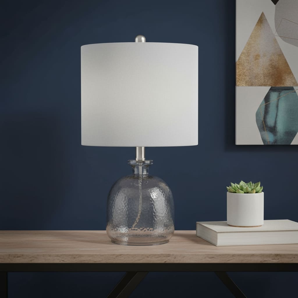 HomeRoots 20" Gray Hammered Glass Round Table Lamp With Gray Drum Shade - 11.00 in. x 20.00 in. x 11.00 in.