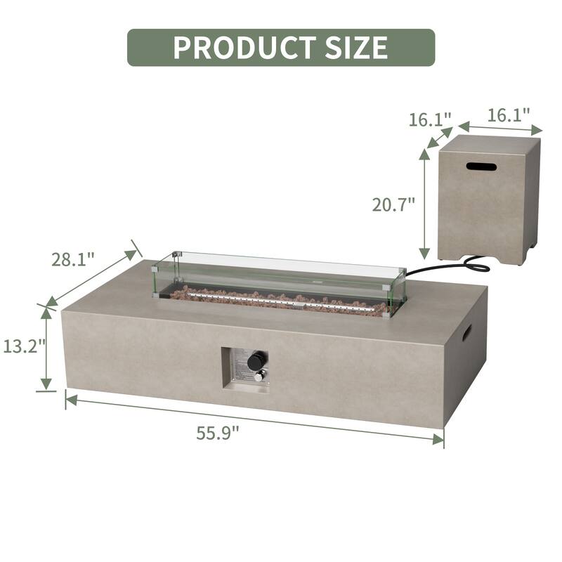 COSIEST 56'' Outdoor Propane Rectangle Fire Pit with Tank,Wind Glass