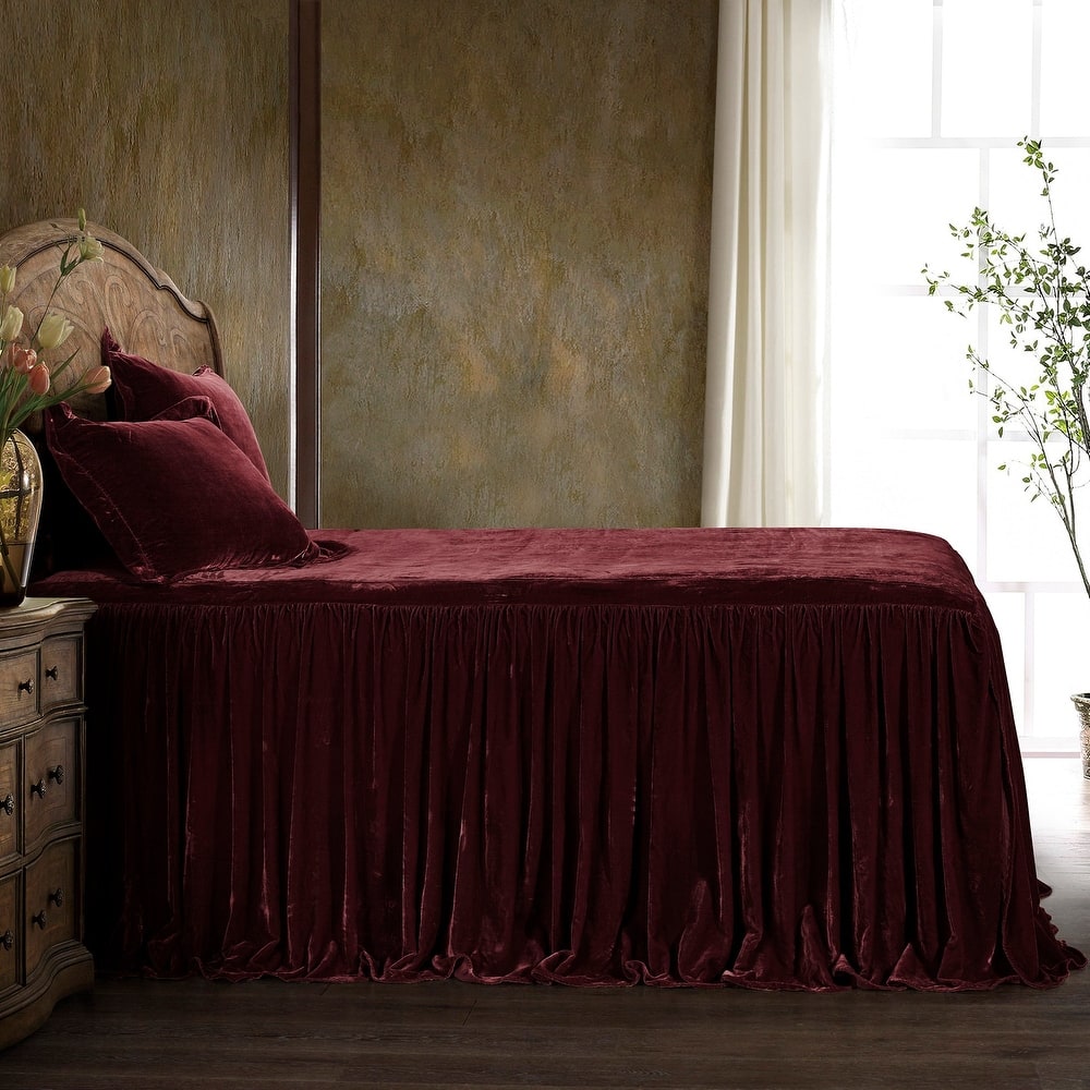 HiEnd Accents Stella Faux Silk Velvet Ruffle Skirt 3 Piece Bedspread Set with Pillow Shams