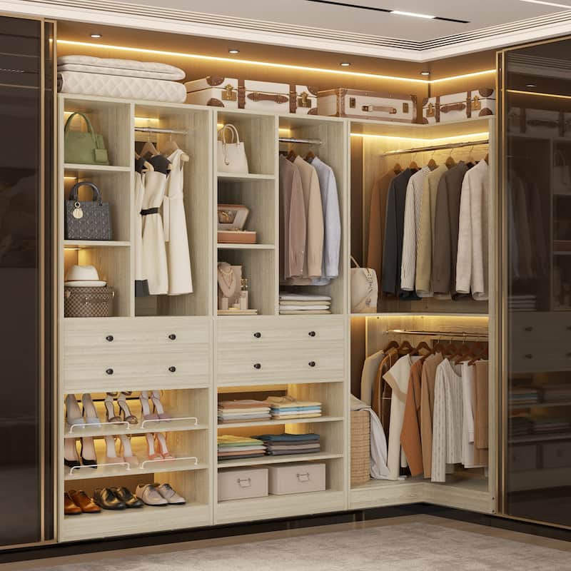Set of 2/ 3 Coner Closet System with Shoe Racks and Drawers, Freestanding Closet Organizer with Hanging Rods and Shelves - Washed Oak - Set of 3