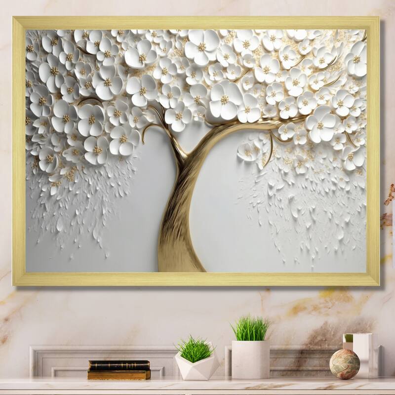 Designart "White Orchid Tree Garden Of Branches V" Tree Floral Framed Canvas Wall Art - 44 in. wide x 34 in. high - Gold
