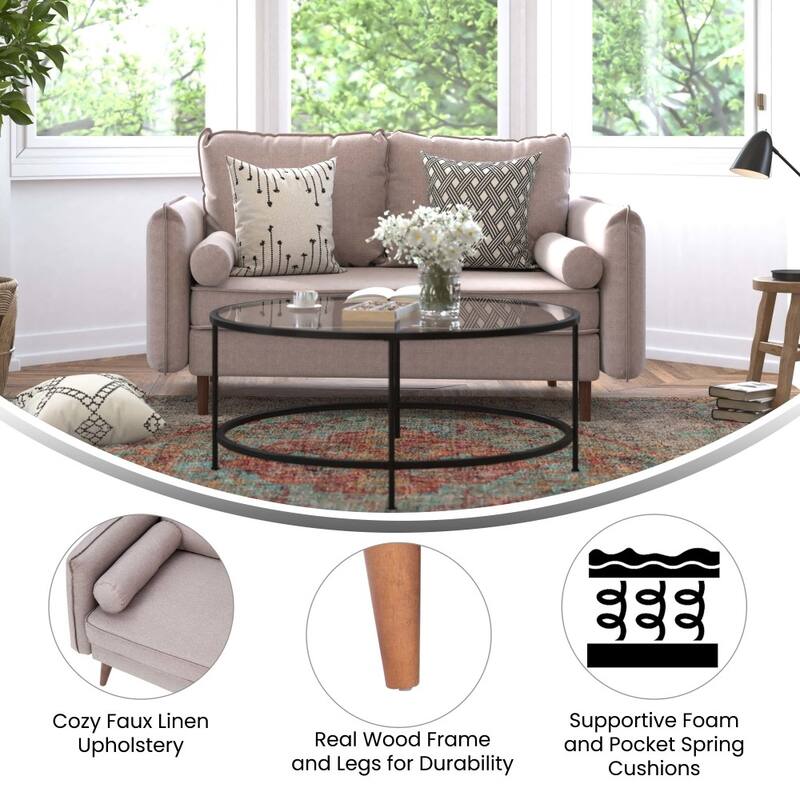 Compact Faux Linen Upholstered Loveseat with Wooden Legs