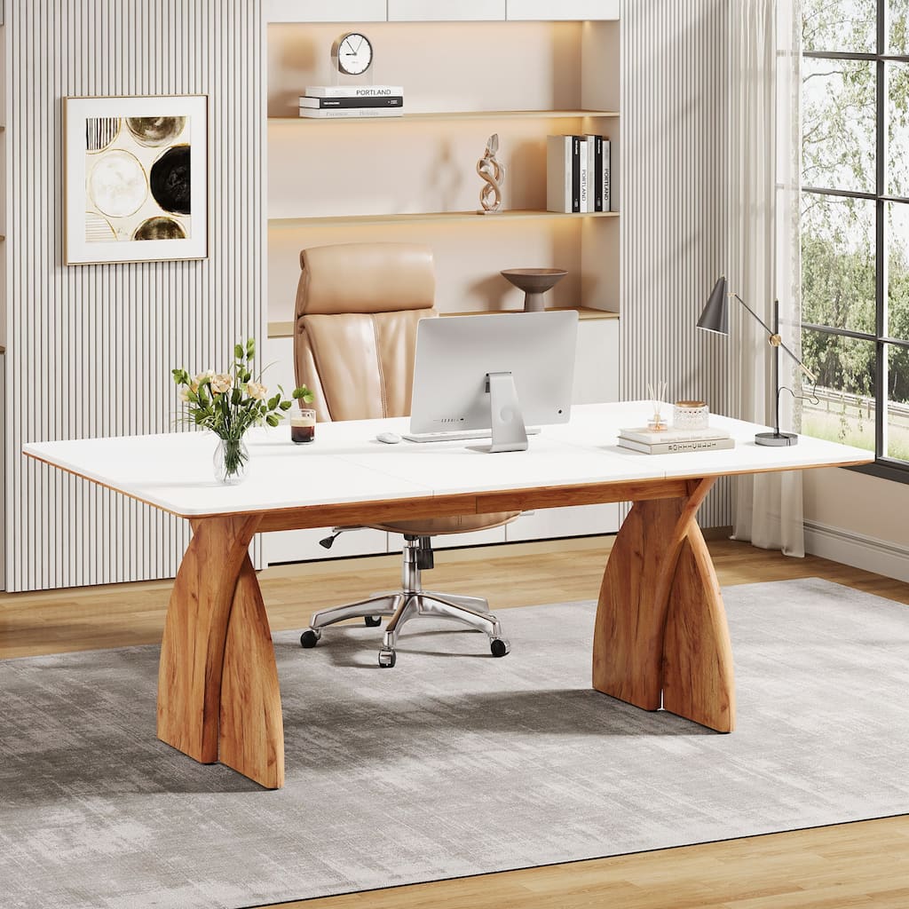63 Inch White Modern Executive Desk, Wood Office Computer Desk for Home Office