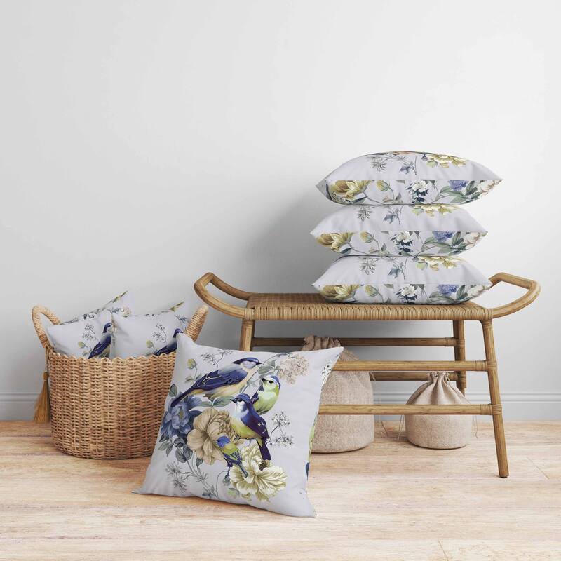 Petal Perched Birds Faux Suede Reversible Throw Pillow Silver and Blue