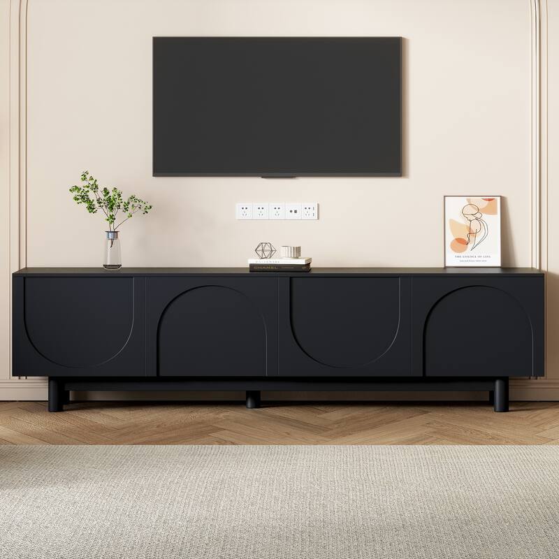 70'' Minimalist TV Stand with Arch Cabinet Doors & Solid Wood Legs, Adjustable Shelves & Cable Management