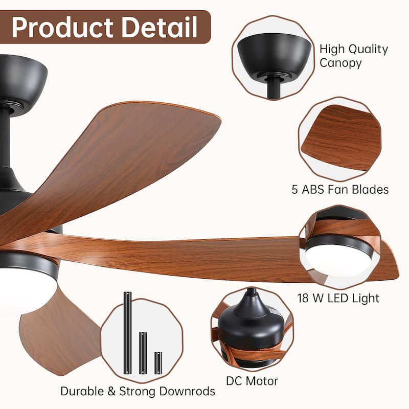 45 Inch / 52 Inch White Ceiling Fan with Dimmable LED Light and Remote, 6-Speed Reversible DC Motor, ABS Blades