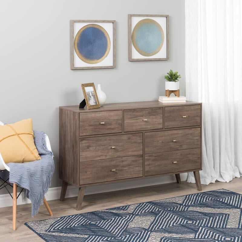 Prepac Milo Mid-Century Modern 7 Drawer Double Dresser for Bedroom, Chest of Drawers, Contemporary Bedroom Furniture