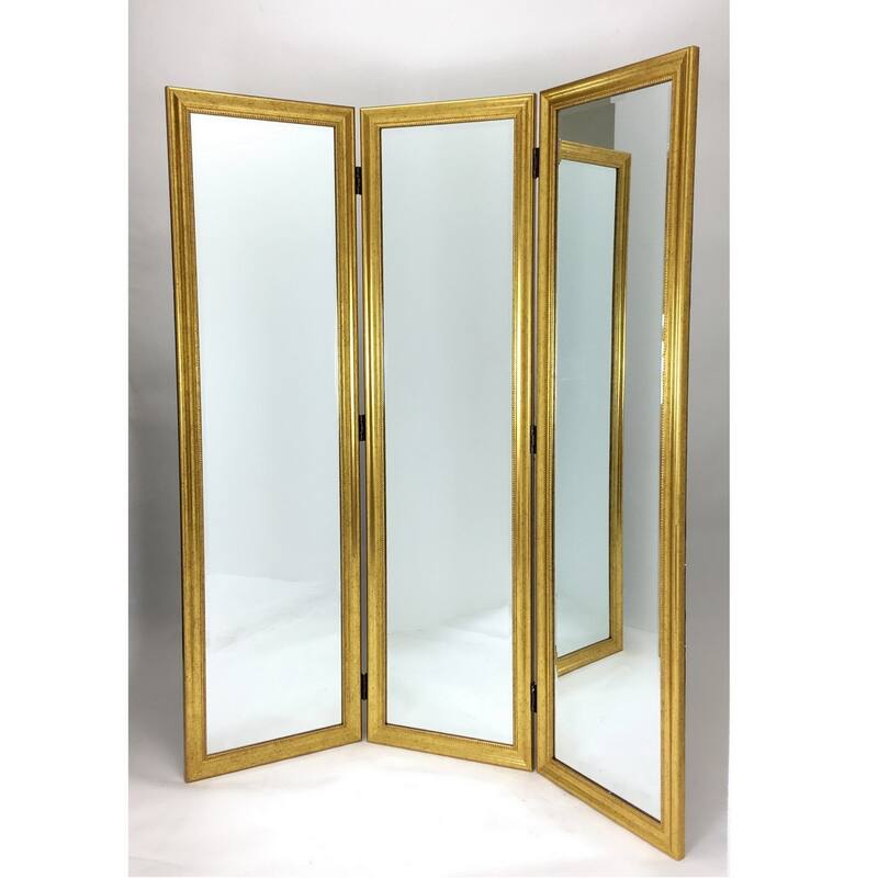 Full Size Dressing Screen with 3 Panel Resin Frame and Mirrors, Gold