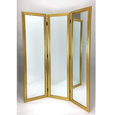 Full Size Dressing Screen with 3 Panel Resin Frame and Mirrors, Gold