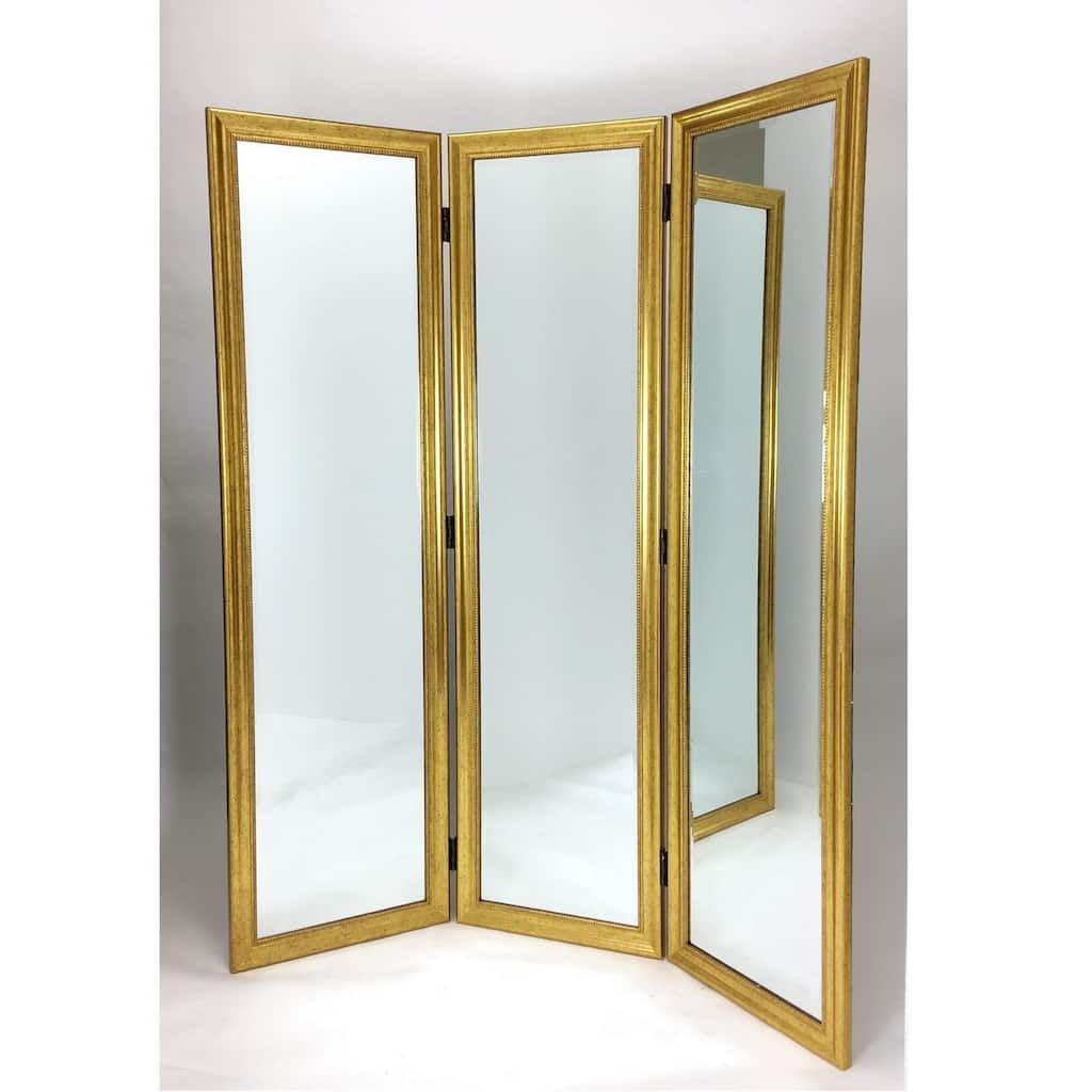 Full Size Dressing Screen with 3 Panel Resin Frame and Mirrors, Gold
