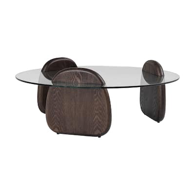 Cid 43 Inch Round Coffee Table, Dark Walnut Brown Wood, Glass Top