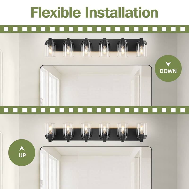 6 Light Bathroom Light Fixtures Over Mirror Bathroom Vanity Light, Black Vanity Lights with Clear Glass Shade