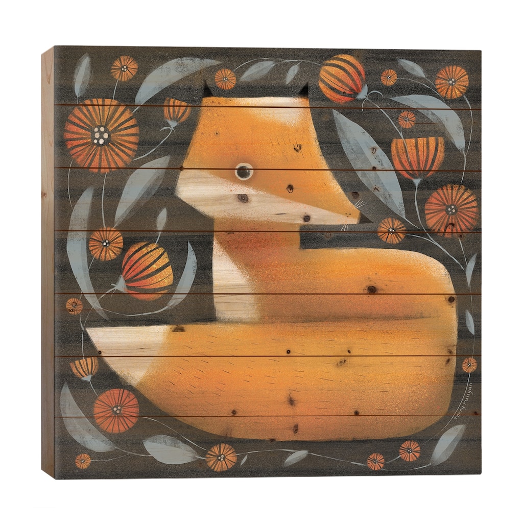 Fox And Flowers Print On Wood by Terry Runyan - Multi-Color