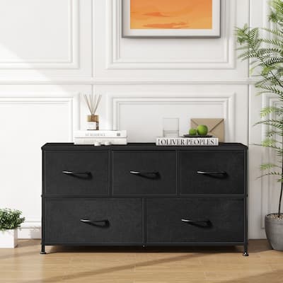 Modern 5-Drawer Chest of Drawers with Fabric Bin, Steel Frame, Wood Top for Bedroom, Entryway