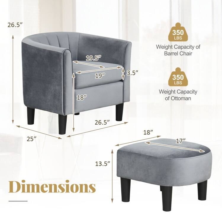 Modern Velvet Barrel Armrest Lounge Chair with Ottoman and Washable Cushion for Bedroom or Living Room