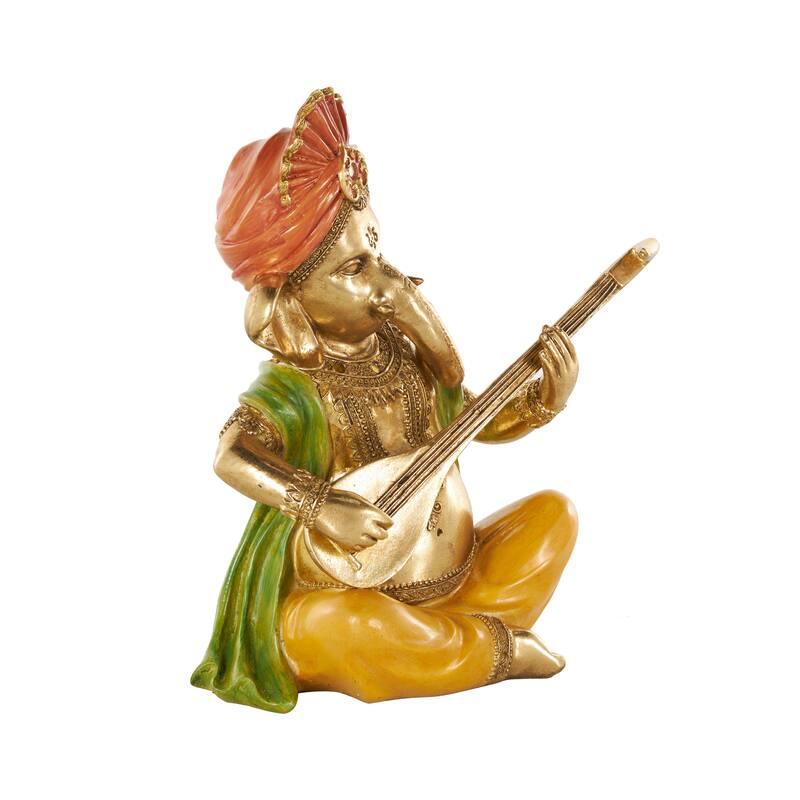 Gold Resin Musician Ganesh Decorative Sculpture with Green, Yellow, and Red Accents