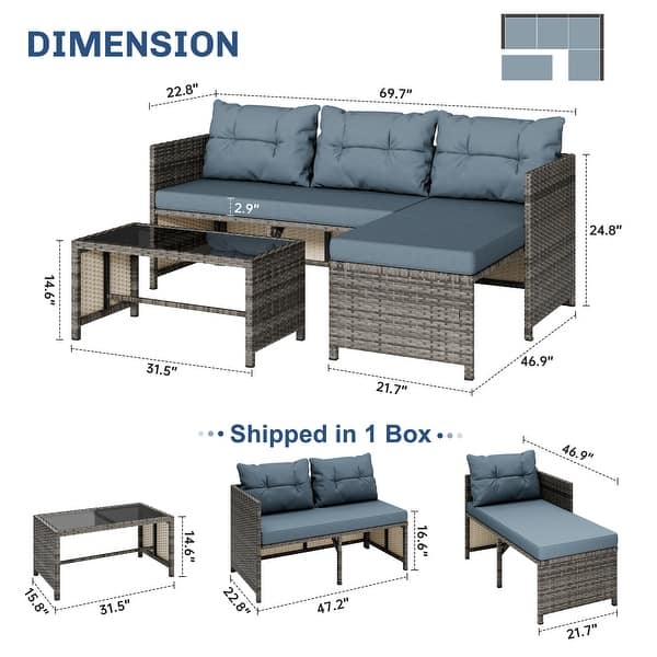 dimension image slide 0 of 3, 3-Piece Outdoor Wicker Sectional Sofa Set, Patio Furniture with Chaise Lounge & Coffee Table - N/A
