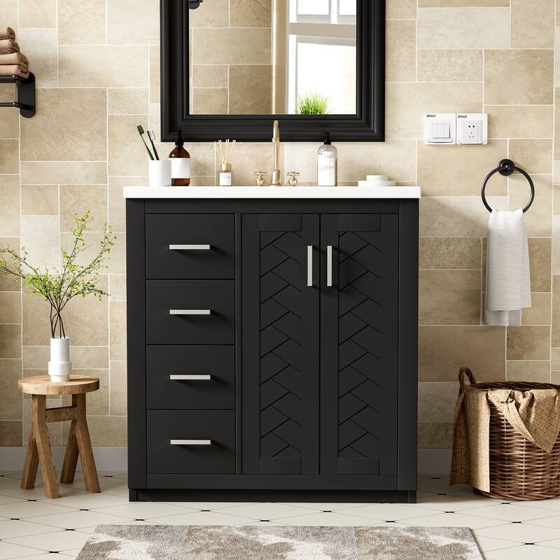 30" Bathroom Vanity with Ceramic Sink - Solid Wood Frame, 3 Drawers & 2 Soft-Close Doors - Modern Freestanding Storage Cabinet - Black